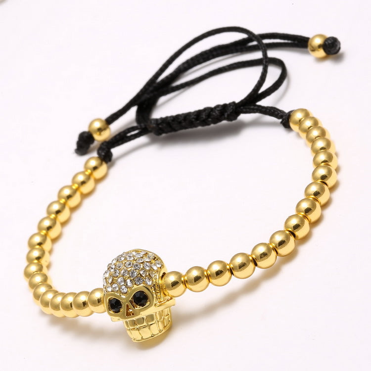 Wholesale Braided Zircon 4mm Copper Beads Skull Men's Adjustable Bracelet